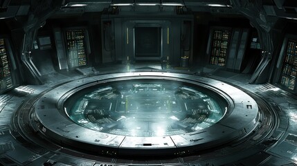 Futuristic spaceship control room; central console; servers; dark; sci-fi background; game design