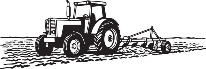 Tractor Plowing Field - Black and White Vector Illustration © shinheo