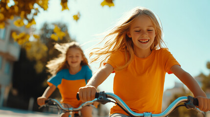 Obraz premium Two cheerful children race bicycles in a bright outdoor setting, enjoying their playtime under the sunny sky. Their radiant expressions emphasize joy, freedom, and energy.