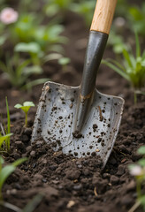 garden shovel in the ground close-up

