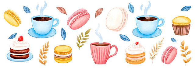 Cozy autumn sticker collection with coffee, macarons, and pastries
