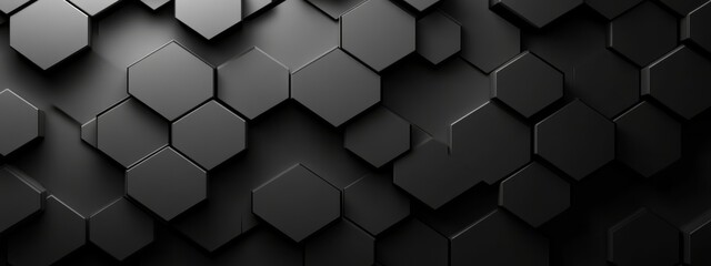 Minimalist abstract hexagonal pattern on a black background. Banner template with white space for text, perfect for modern and professional design uses.