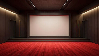 Modern Red Carpet Cinema Hall with Empty White Mock-Up Banner