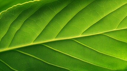 Close-up view of a vibrant green leaf showcasing intricate vein patterns and natural textures