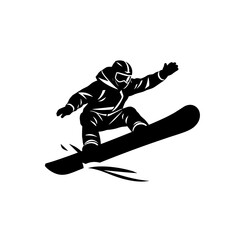 Snowboarder in mid-air performing jump in black and white.