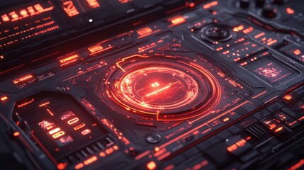 Obraz premium Futuristic control panel interface, spaceship interior, red lights, digital display, sci-fi background