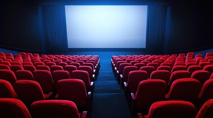 Fototapeta premium Empty movie theater with red seats and a large screen.
