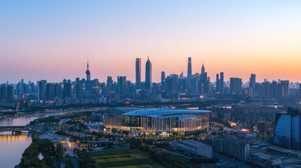 Obraz premium Bustling Shanghai Skyline at Dusk: A Symphony of Modern Architecture