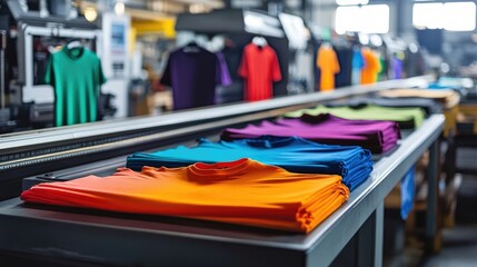 Colorful T-shirts Ready for Printing in a Manufacturing Facility