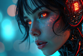 Obraz premium Cybernetic Woman with Glowing Eyes Artificial Intelligence Future Technology