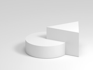 Abstract white geometric installation, cylinder merged with a wedge 3d