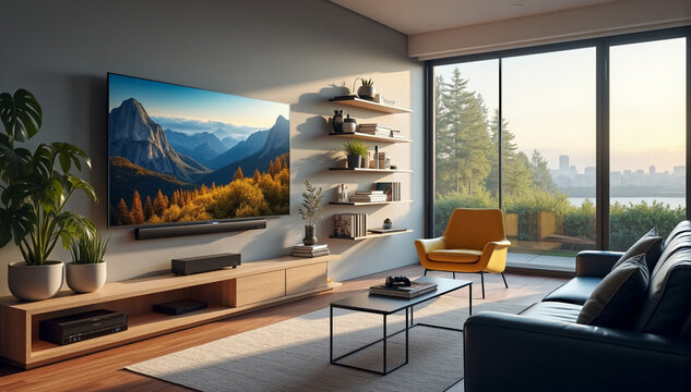 Modern smart tv connected with sound bar. Home entertainment system. Tech, visual, audio entertainment. Stylish interior design. Living room setup