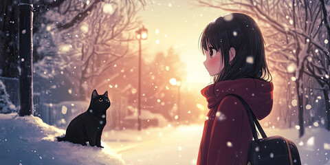 Anime winter scene, girl with cat pet, frost landscape, cute kitten, fantasy wallpaper, anime teenager