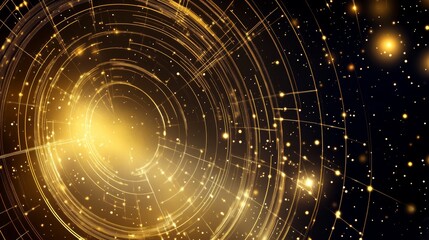 Abstract golden spiral with glowing particles on a dark background, creating a sense of depth and motion