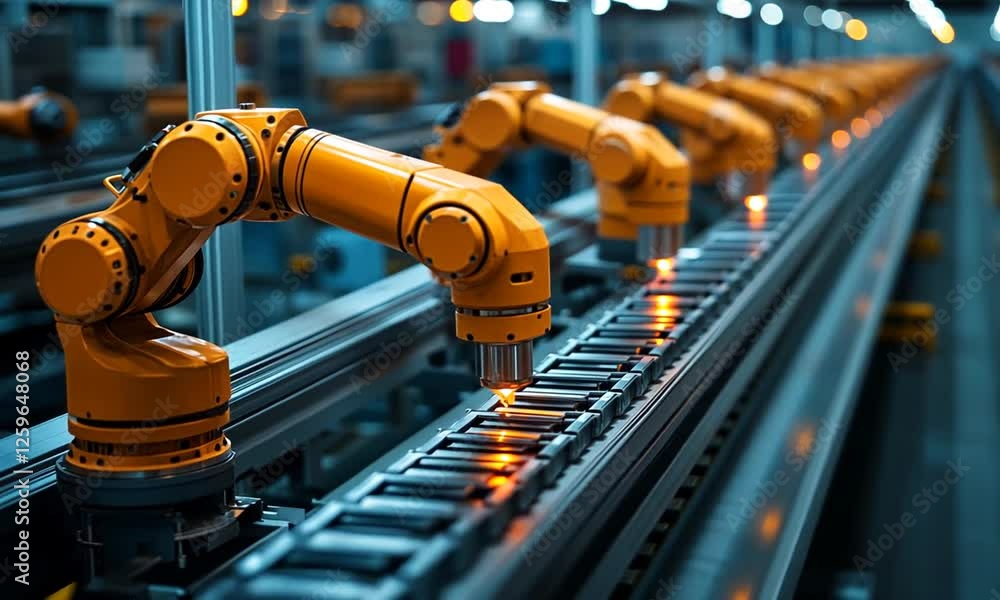 Poster advanced robotic arms efficiently assembling products on a factory line with glowing lights
