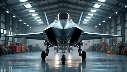 F-35 Lightning II jet in a modern hangar, showcasing advanced design and technology in aerospace engineering