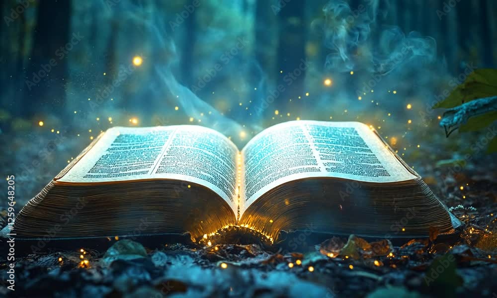 Poster an open ancient book glowing with magical light in a mystical forest setting, surrounded by ethereal