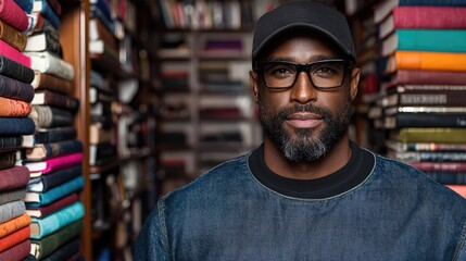 Fototapeta premium Man in library, focused, bookshelves, confident, portrait, possible stock photo
