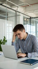 Naklejka premium Frustrated young businessman looking at laptop in office