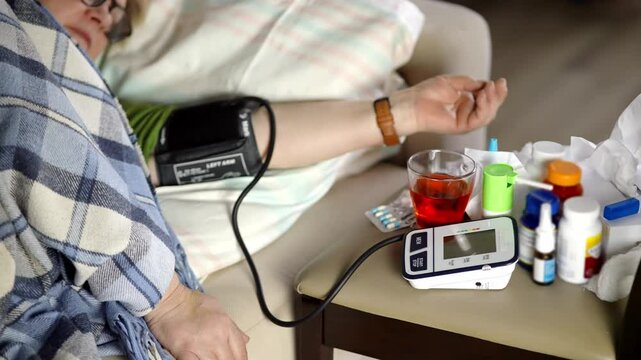 Sick woman measuring low blood pressure using digital blood pressure monitor at home