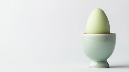 Pastel green ceramic egg cup holding smooth egg, creating serene atmosphere