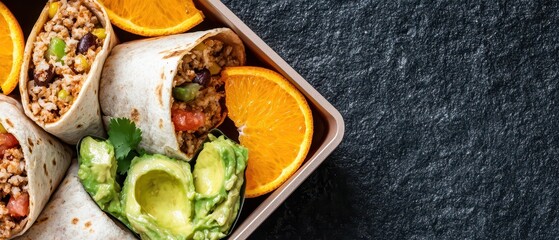 Breakfast burrito served with orange slices and guacamole. Breakfast box presentation.