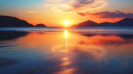Fototapeta premium A mesmerizing beach sunset with warm hues reflecting on calm waters and distant silhouettes of hills
