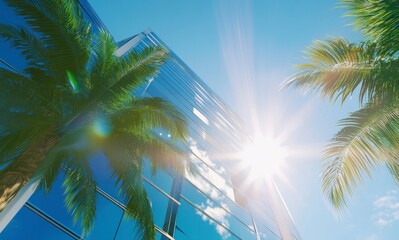 Fototapeta premium blue building with glass windows and the sun shining through, palm trees in the foreground, a bright blue sky, and a low-angle shot. 