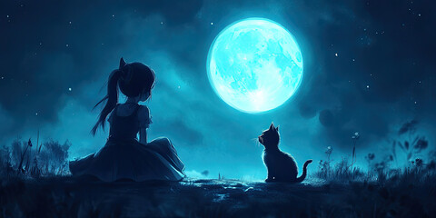 Anime cute teenager girl with black cat, moonlit fantasy landscape, magical night scene, dreamy wallpaper backdrop