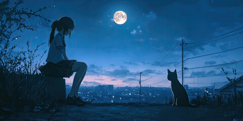 Anime cute teenager girl with black cat, moonlit fantasy landscape, magical night scene, dreamy wallpaper backdrop