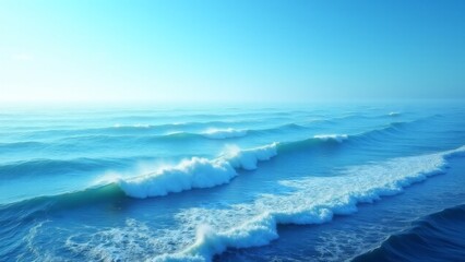 Fototapeta premium Waves crash against the shore of a blue ocean, their foam glistening in the sunlight. The powerful and invigorating atmosphere captures the ocean’s vastness and its role in shaping the planet’s climat
