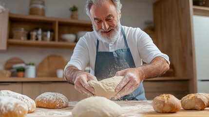 Senior baker with gray beard kneading dough in rustic kitchen, surrounded by freshly baked bread, wearing apron, enjoying baking process