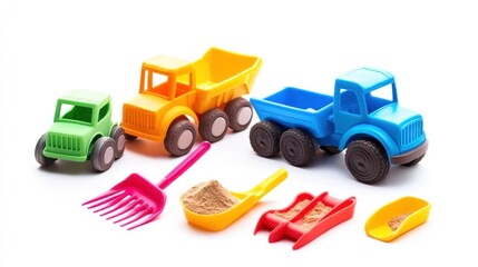 Fototapeta premium Colorful toy trucks and sand toys on white