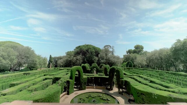 Drone footage of the Park of the Labyrinth of Horta (Parc del Laberint d'Horta) in Barcelona, Spain