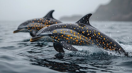 Obraz premium Two dolphins with distinctive patterns leap from the ocean surface in a misty coastal setting