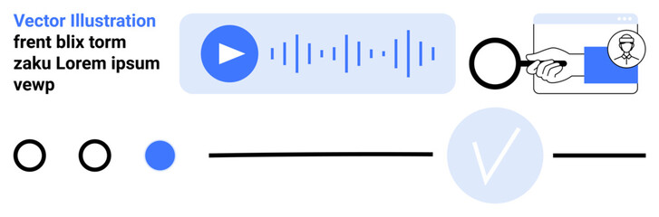 Audio play button with sound waves, magnifying glass searching hand over a webpage, circular progress indicators, checkmark in a blue circle, and text segments. Ideal for UIUX design, digital