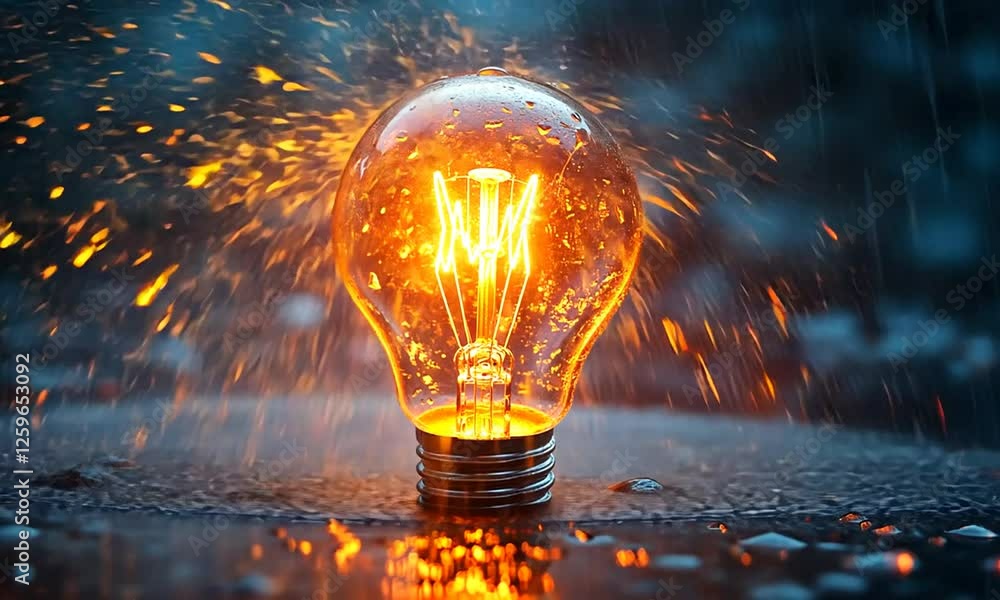 Poster glowing vintage light bulb illuminated in the rain on a reflective surface, creating a moody atmosph