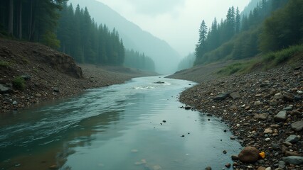 A polluted river contrasts with a clean one, highlighting the impact of human activity on water sources. The sobering and thought-provoking atmosphere calls for environmental conservation and the prot