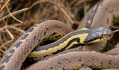 Fototapeta premium Portrait of a ladder snake (Zamenis scalaris, Rhinechis scalaris) on blurred natural background. Zamenis scalaris is a species of non-venomous snake in the family Colubridae.