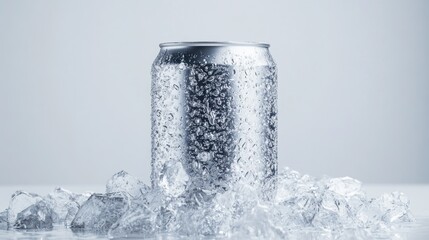 Iced aluminum can on ice, studio shot, beverage advertising