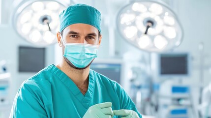 A confident surgeon in scrubs and a mask prepares for surgery in a modern operating room filled with medical equipment.