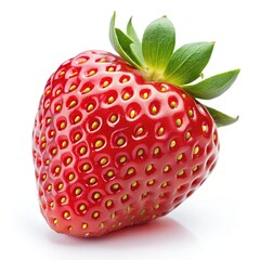 Close-up of Single Ripe Strawberry with Green Leaves - A close-up image of a single ripe strawberry with vibrant red color and fresh green leaves, isolated on a white background.

