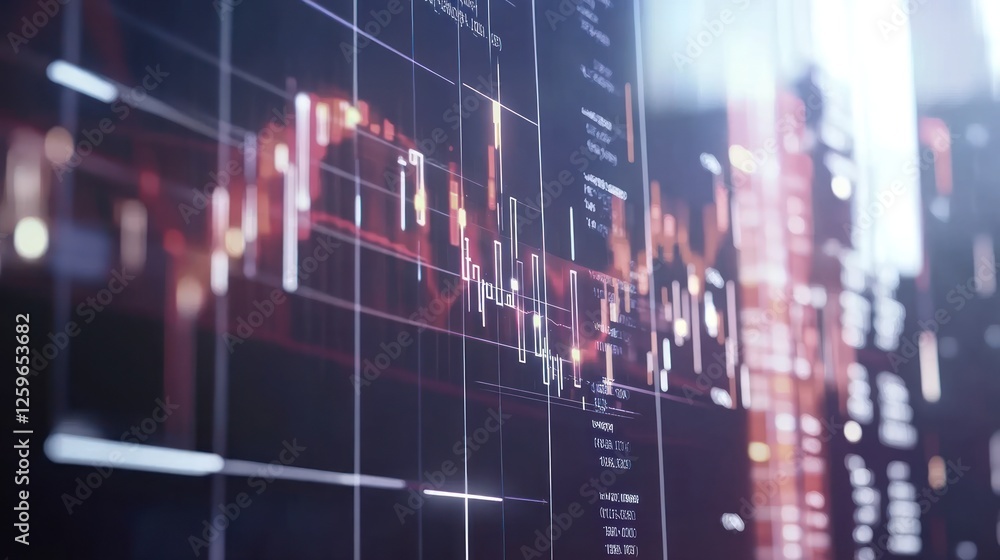 Poster dynamic stock market data visualization with candlestick chart and cityscape