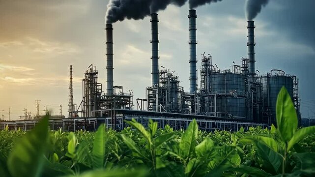Industrial pollution impact on ecology with greenery and factory emissions at sunset