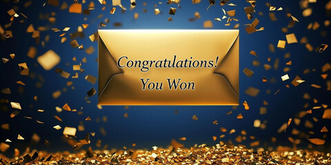 Shimmering Confetti Surrounds Golden Envelope with Congratulations Message, Winner Announcement, Celebration Background, Joyful Event Theme