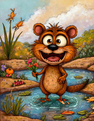 Joyful nutria holding flowers in colorful wetland, whimsical charm
