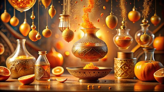 Golden Hour Elixir Ornate Vessels and Citrus Abundance in a Luxurious Still Life