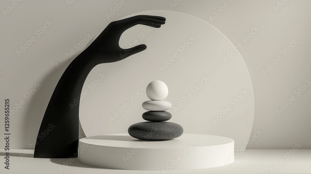 Poster minimalist 3d rendering of hands stacking smooth stones in monochrome aesthetic with subtle shadows 