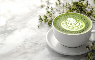 Matcha latte with intricate latte art in white cup on marble surface, surrounded by green foliage