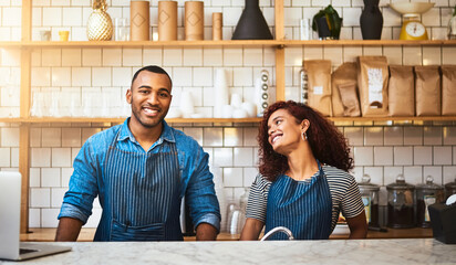 Couple, happy and business team at coffee shop, hospitality industry and friendly service....